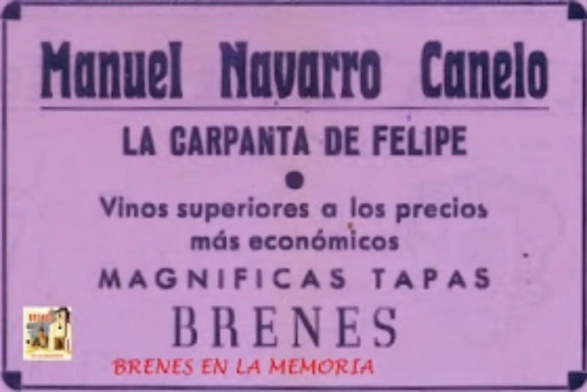 Anuncio antiguo sobre fondo malva: Manuel Navarro Canelo, La Carpanta de Felipe, vinos superiores a los precios más económicos, magníficas tapas, Brenes.