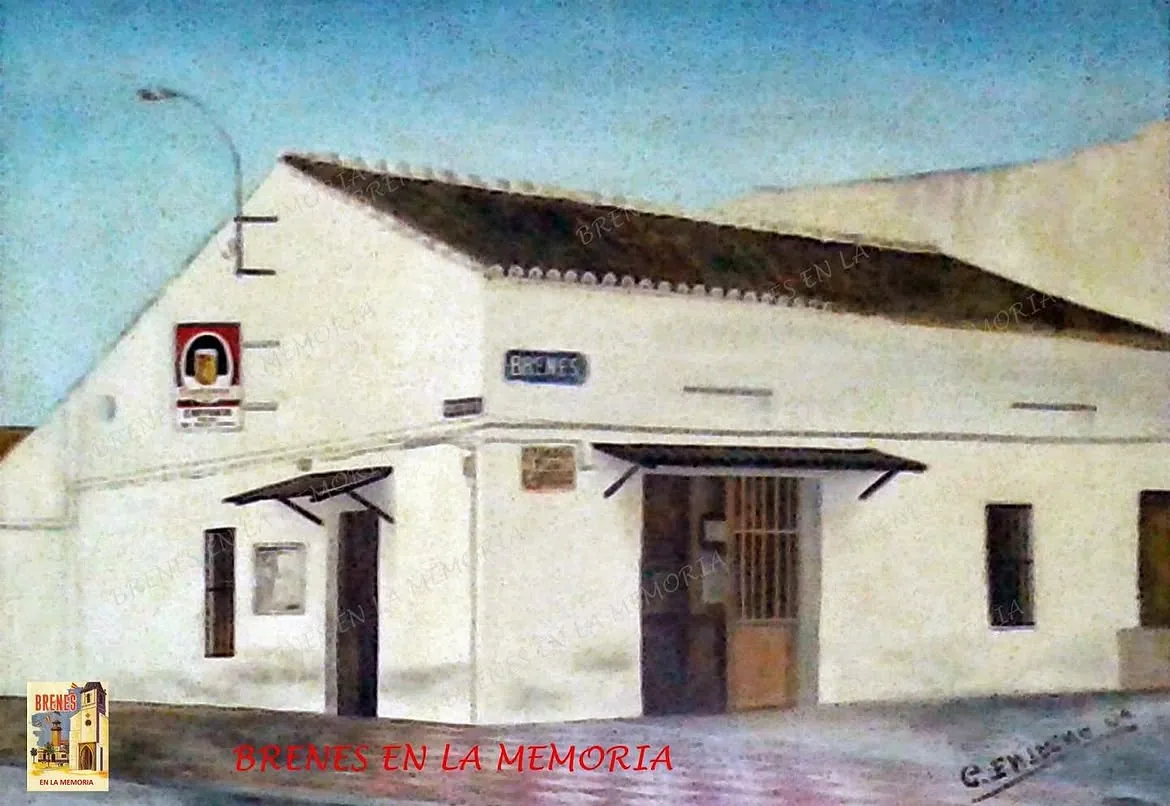 Pintura de la antigua Carpanta: un edificio blanco de una planta haciendo esquina, con tejado de teja árabe, dos puertas y una farola delante.